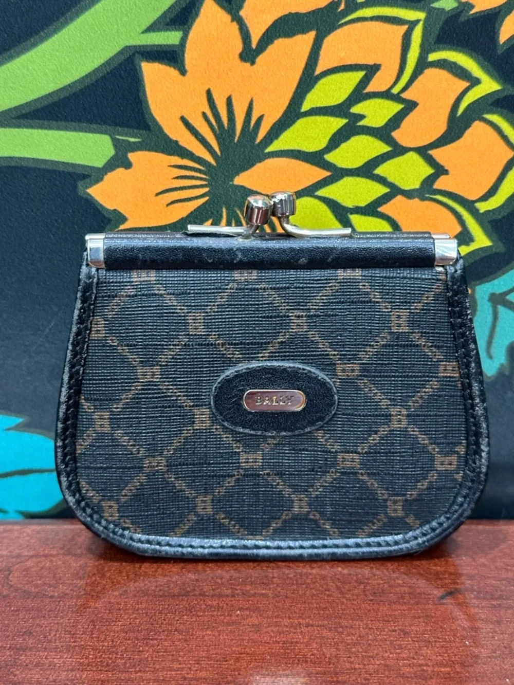 Vintage Bally Kiss Lock Coin Purse Monogram Canvas Mini Wallet Clasp Pouch